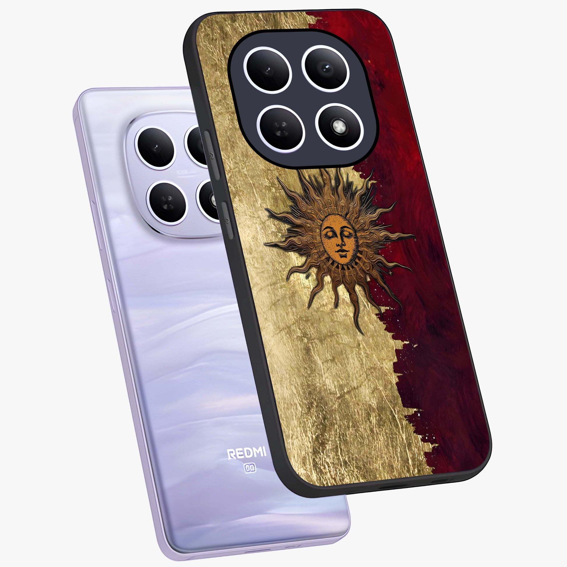 Crimson Sun Majesty Glass Case displayed in angled mockup highlighting majestic crimson sun design with bold aesthetic style.