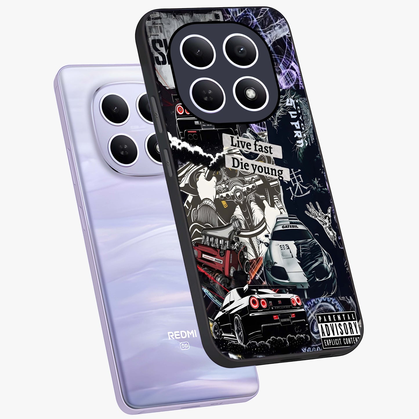 Die Young Glass Case displayed in angled mockup highlighting expressive graphic artwork with edgy aesthetic style.