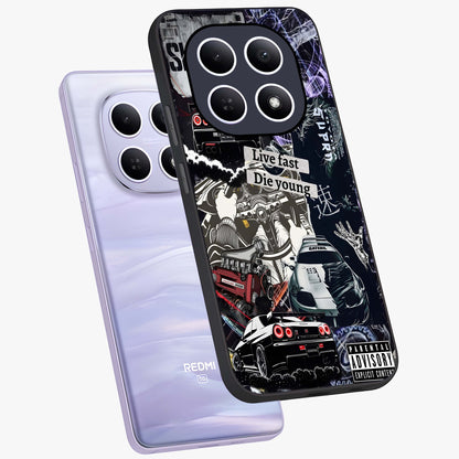 Die Young Glass Case displayed in angled mockup highlighting expressive graphic artwork with edgy aesthetic style.