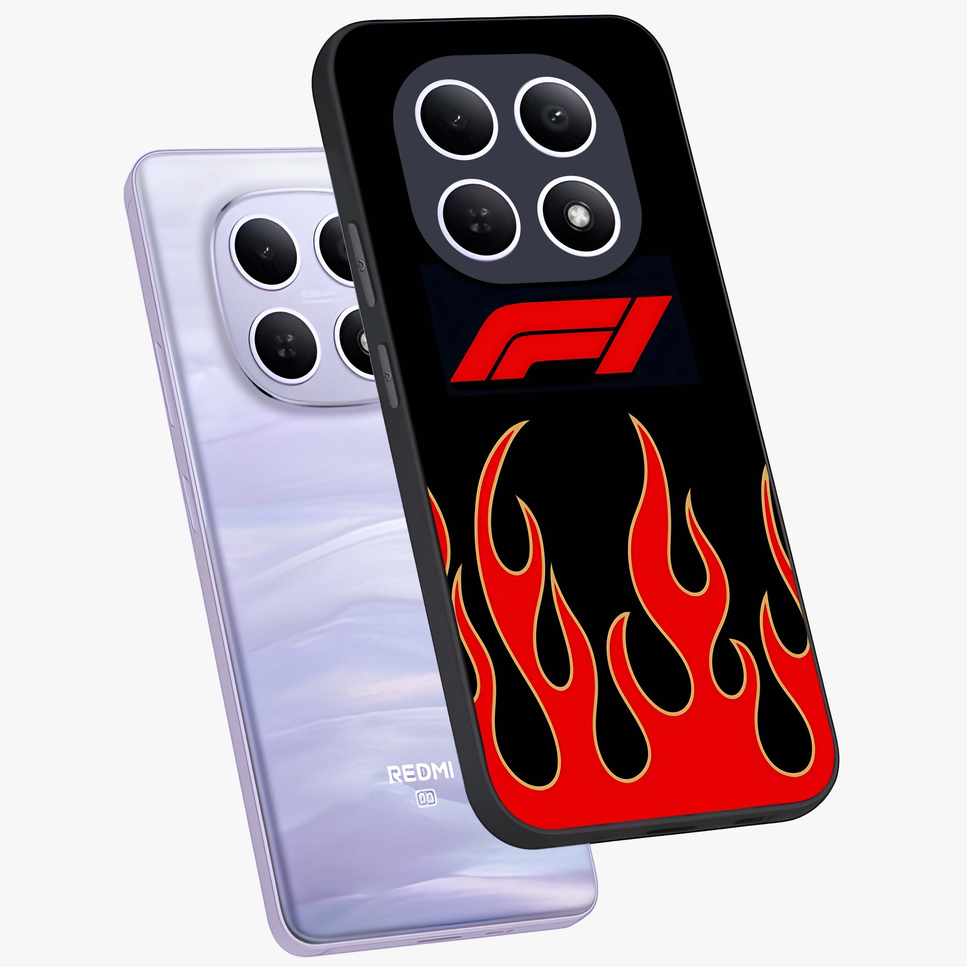 Fire F11 Glass Case displayed in angled mockup highlighting bold fire inspired graphic with energetic aesthetic style.