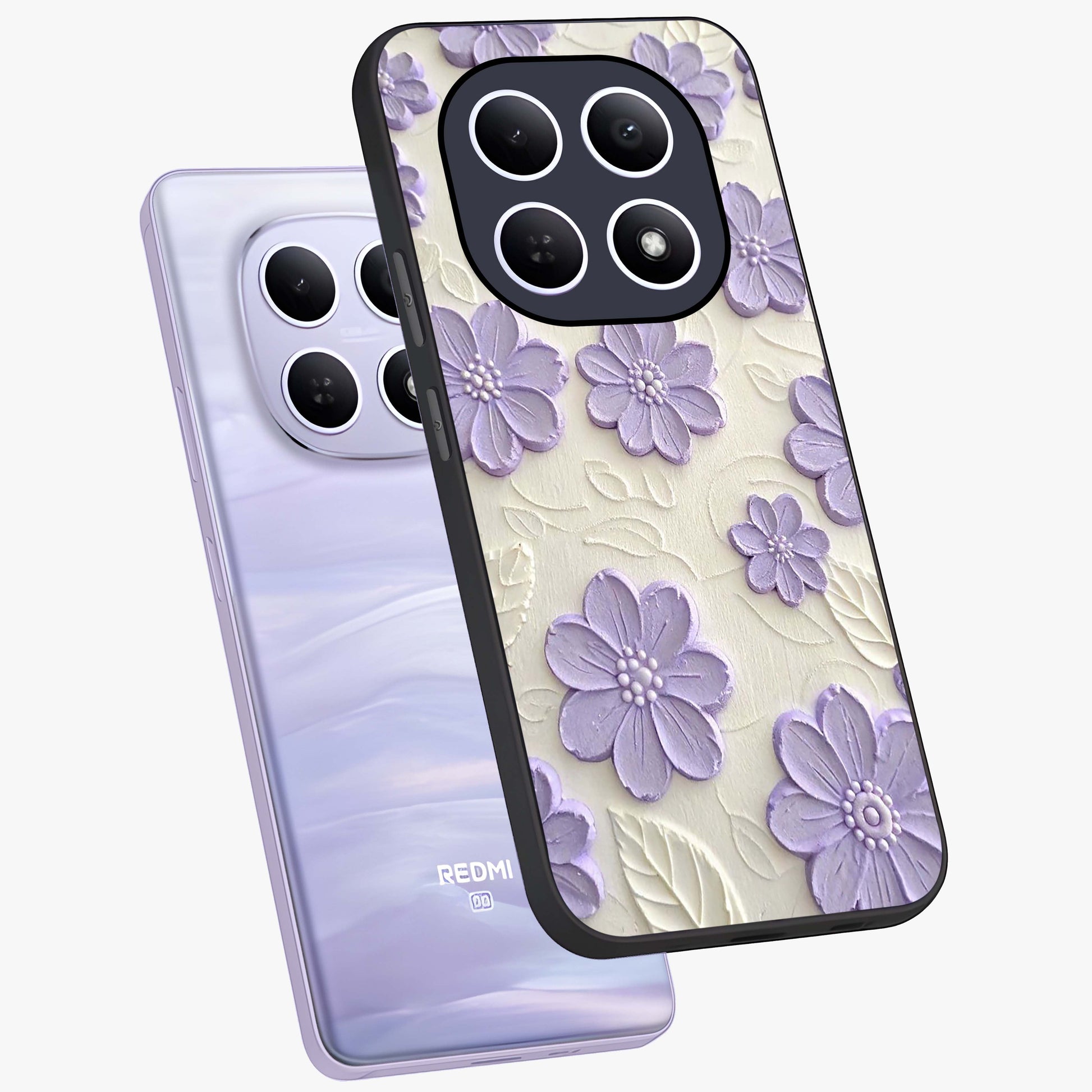 Floral Wall Art With Purple Flowers Glass Case displayed in angled mockup highlighting vibrant purple floral illustration with artistic aesthetic.