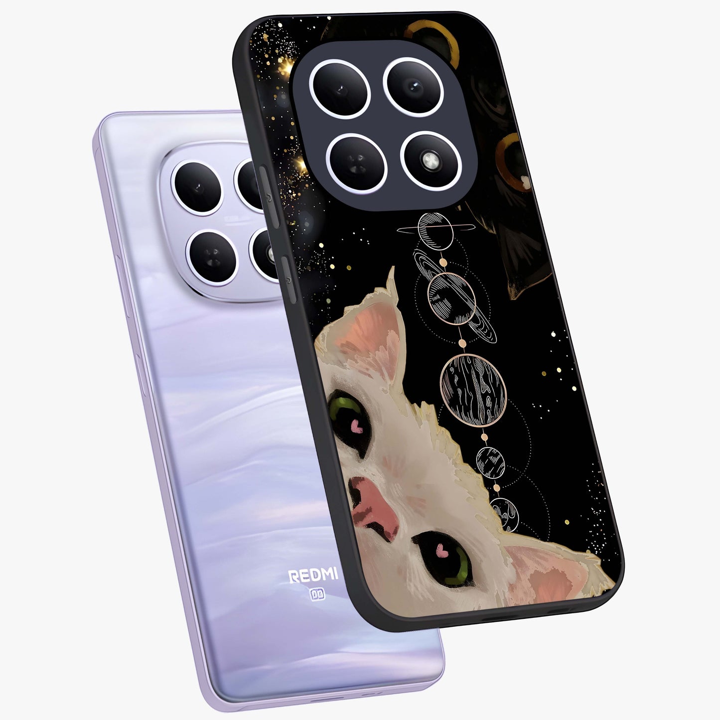 Galactic Cat Glass Case displayed in angled mockup highlighting celestial feline illustration with galaxy aesthetic style.