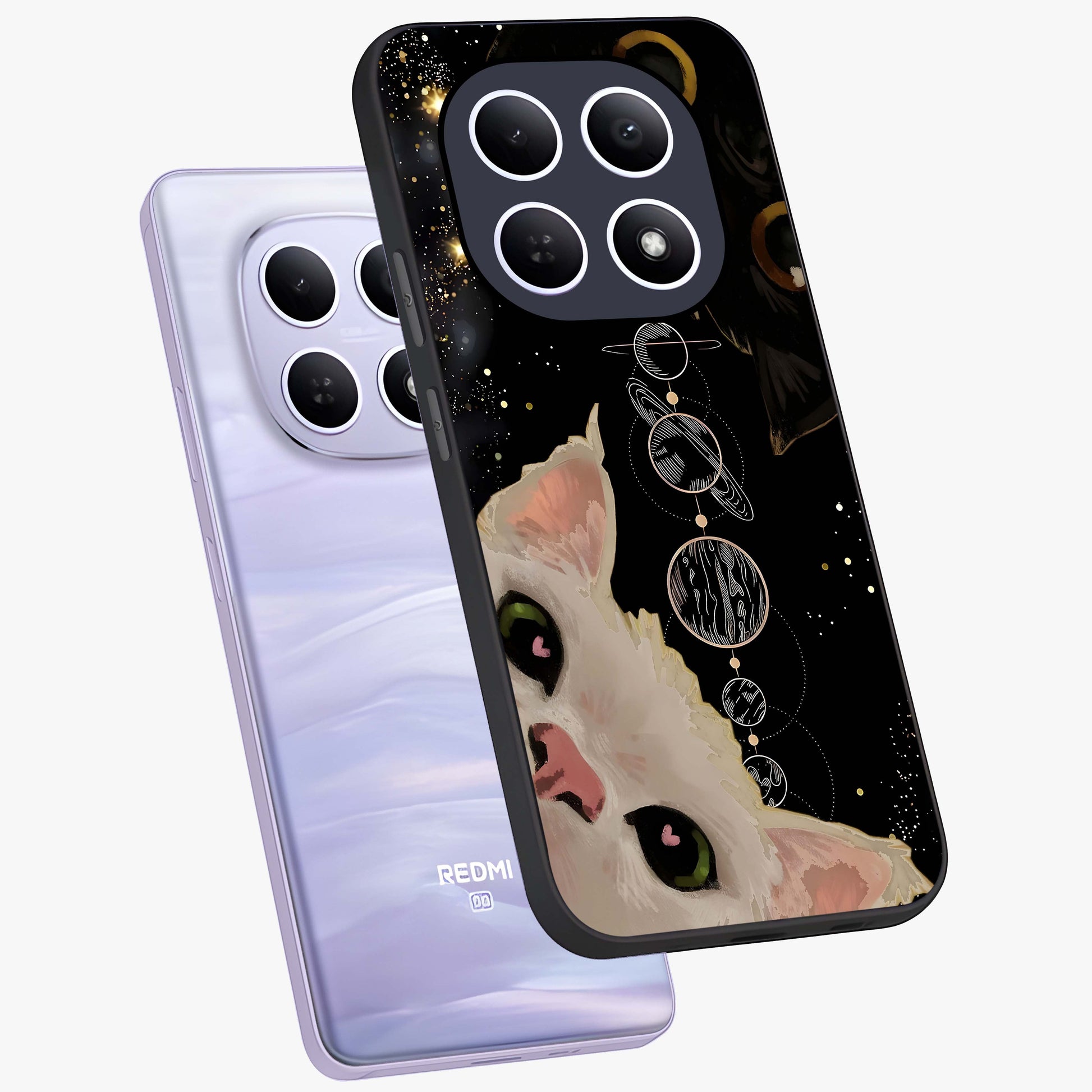 Galactic Cat Glass Case displayed in angled mockup highlighting celestial feline illustration with galaxy aesthetic style.
