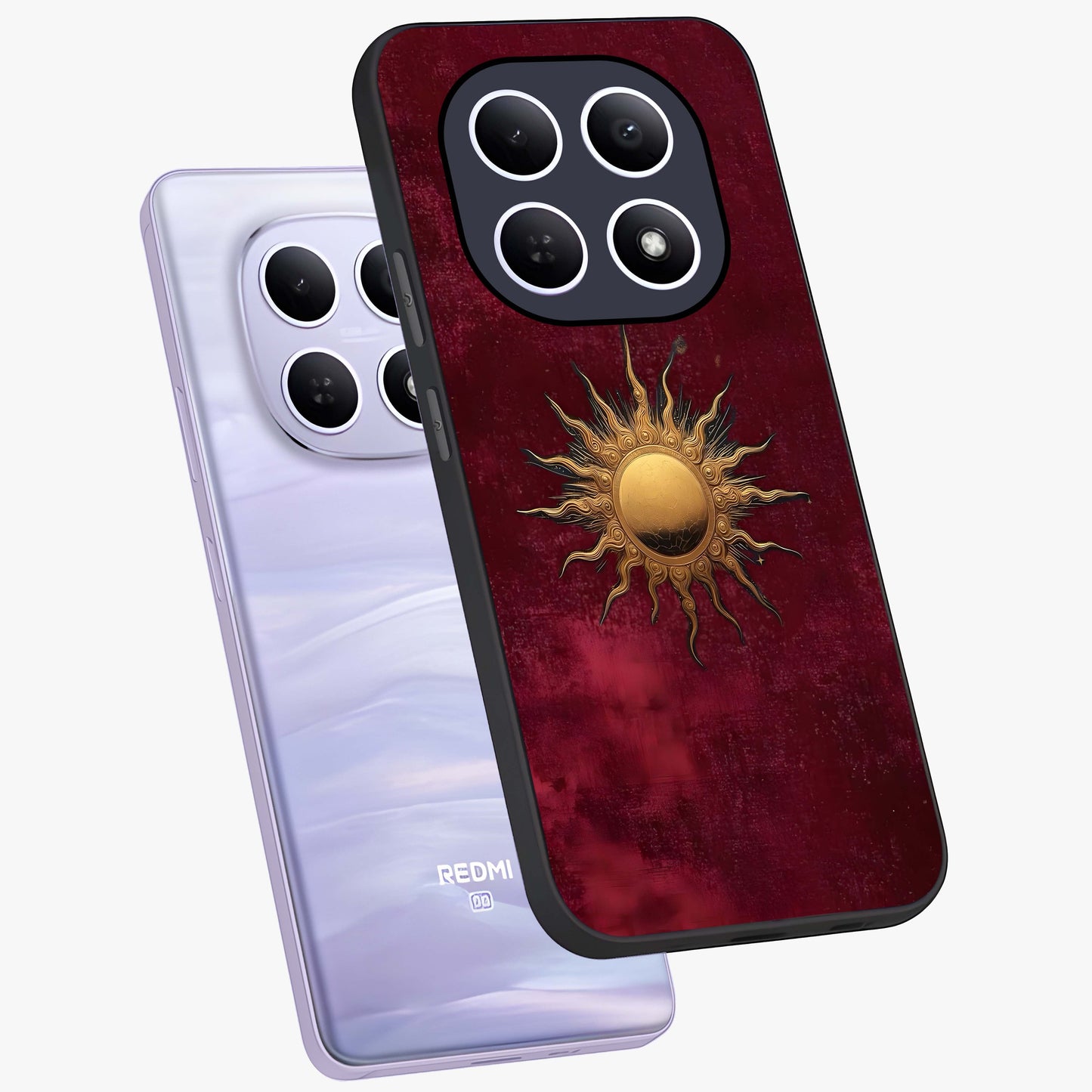 Golden Sun Minimalism Glass Case displayed in angled mockup highlighting clean sun symbol design with modern minimal aesthetic.