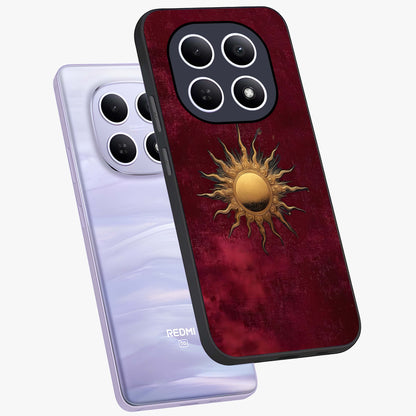 Golden Sun Minimalism Glass Case displayed in angled mockup highlighting clean sun symbol design with modern minimal aesthetic.