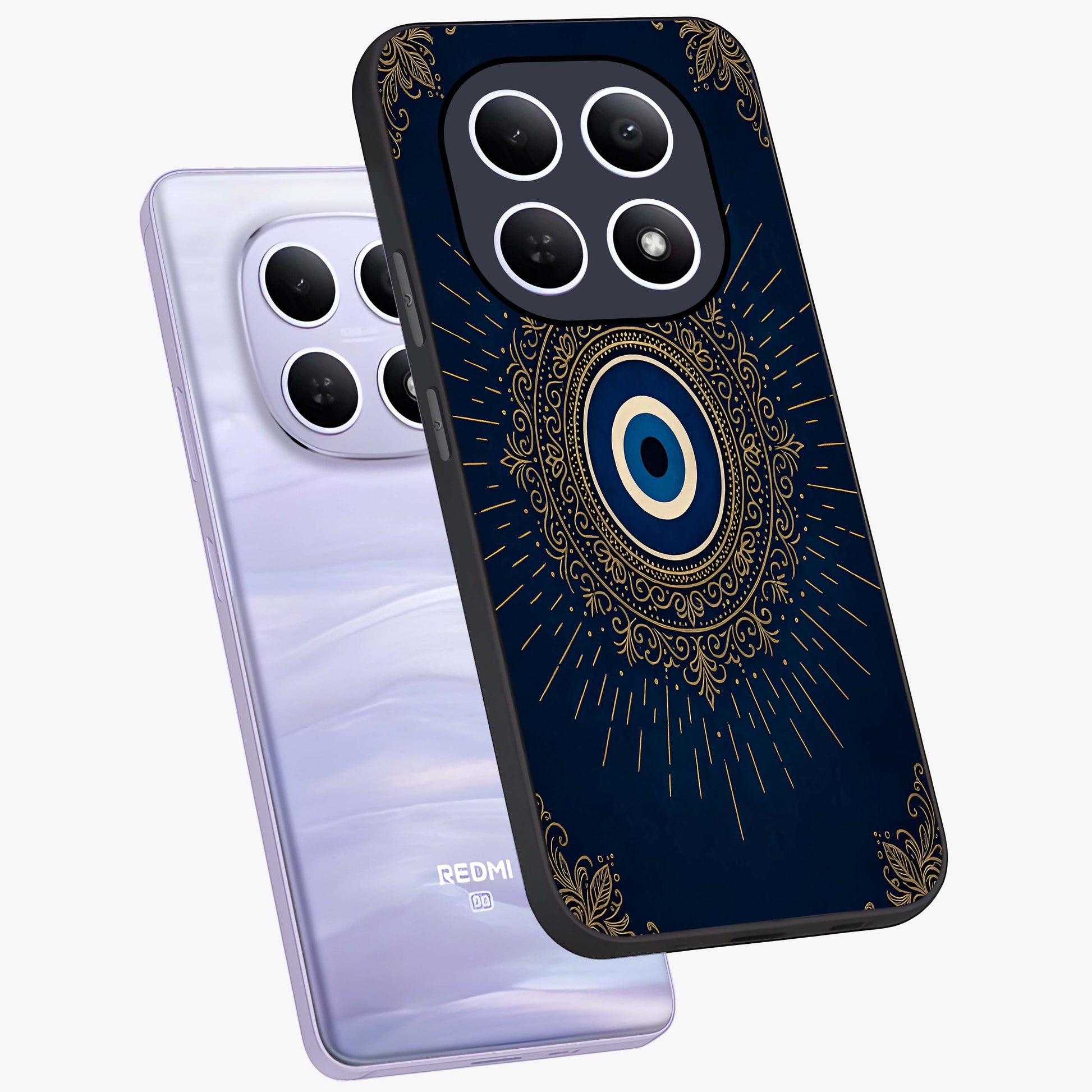 Golden Celestial Charm Glass Case displayed in angled mockup highlighting sparkling cosmic charm design with celestial aesthetic.