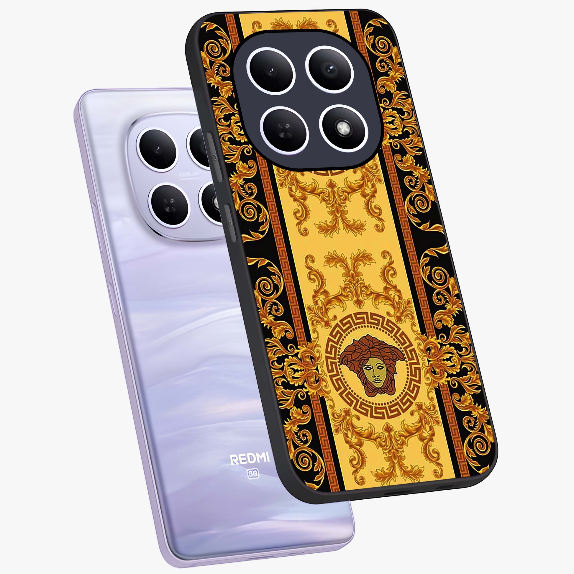 Golden Lotus Glow Glass Case displayed in angled mockup highlighting radiant lotus illustration with spiritual aesthetic.