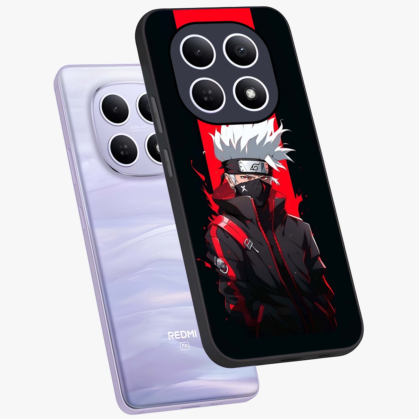 Kakashi Scarlet Shadow Glass Case displayed in angled mockup highlighting dramatic ninja illustration with scarlet themed aesthetic.
