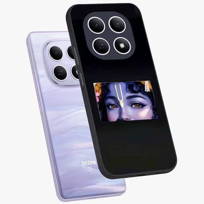 Krishna Divine Embrace Glass Case displayed in angled mockup highlighting divine Krishna illustration with spiritual aesthetic.