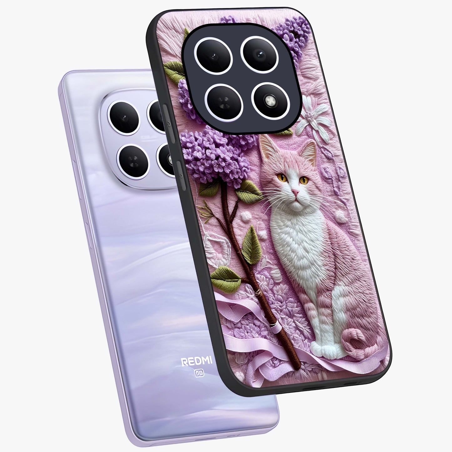 Lavender Cat Whimsy Glass Case displayed in angled mockup highlighting playful feline illustration with pastel lavender aesthetic.