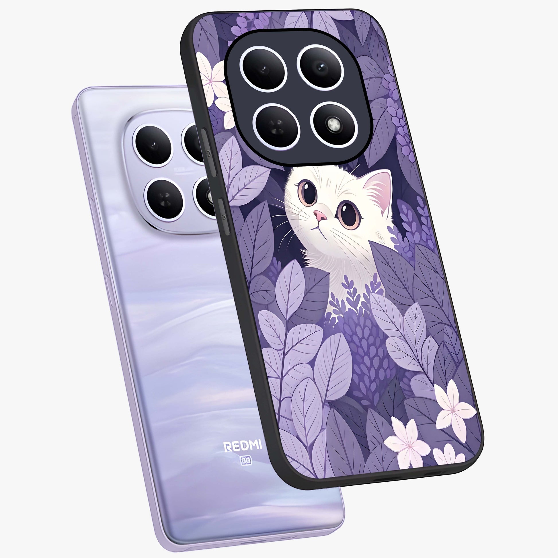 Lilac Hide Peek Cat Glass Case displayed in angled mockup highlighting playful feline illustration with lilac aesthetic design.