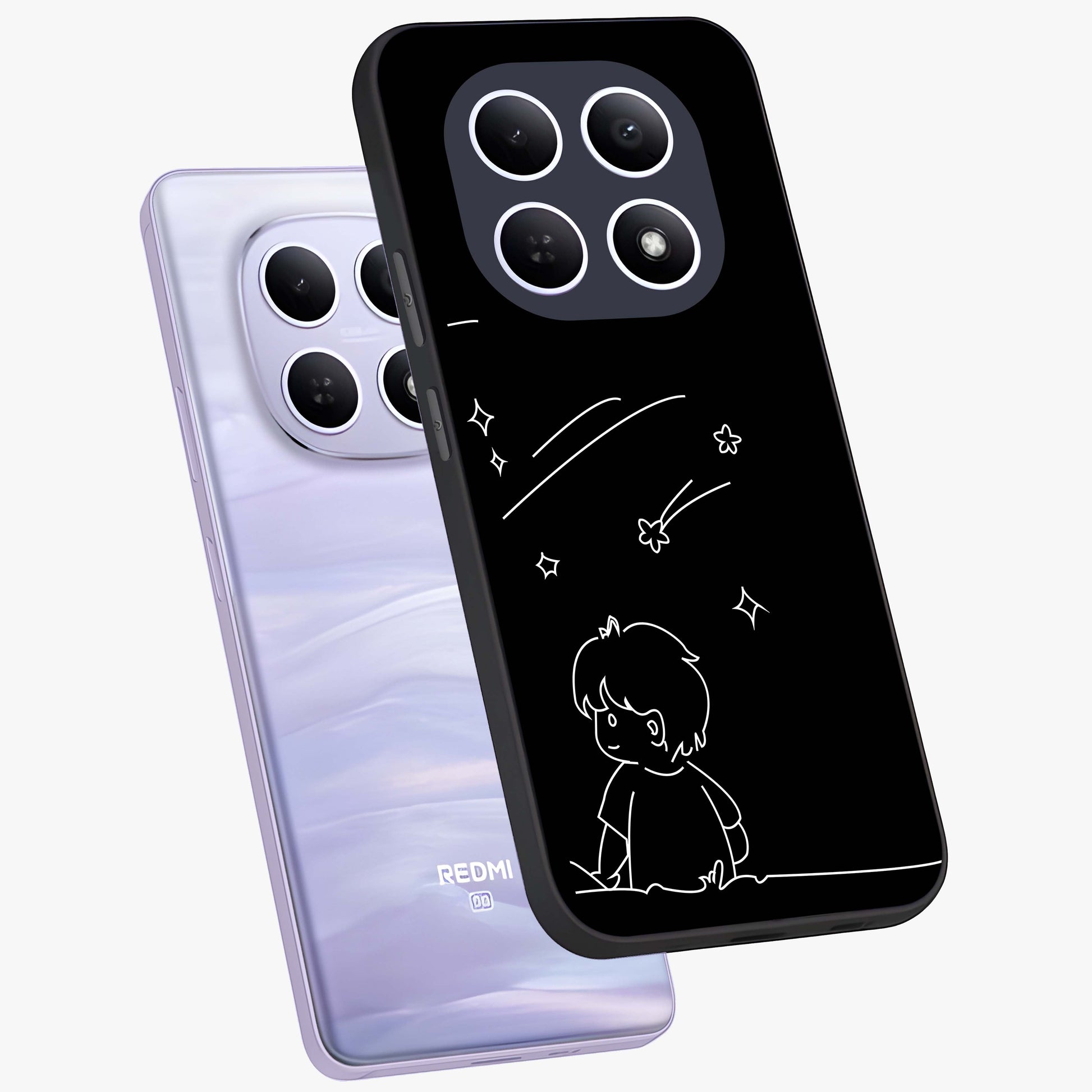 Line Art Boy With Shooting Stars Glass Case displayed in angled mockup highlighting elegant line art design with dreamy star aesthetic.