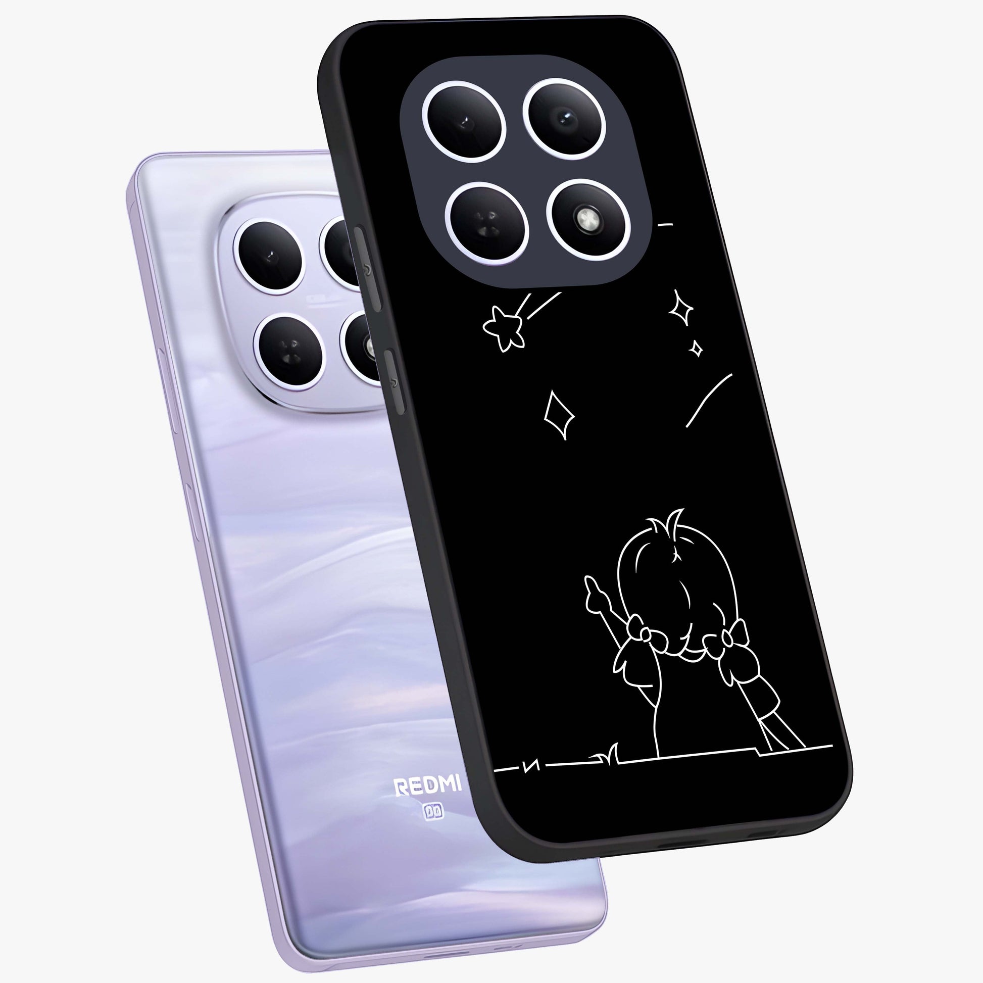Line Art Girl With Shooting Stars Glass Case displayed in angled mockup highlighting elegant line art design with dreamy star aesthetic.