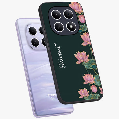 Lotus Bloom Serenity Custom Name Glass Case displayed in angled mockup highlighting graceful lotus illustration with custom name feature.