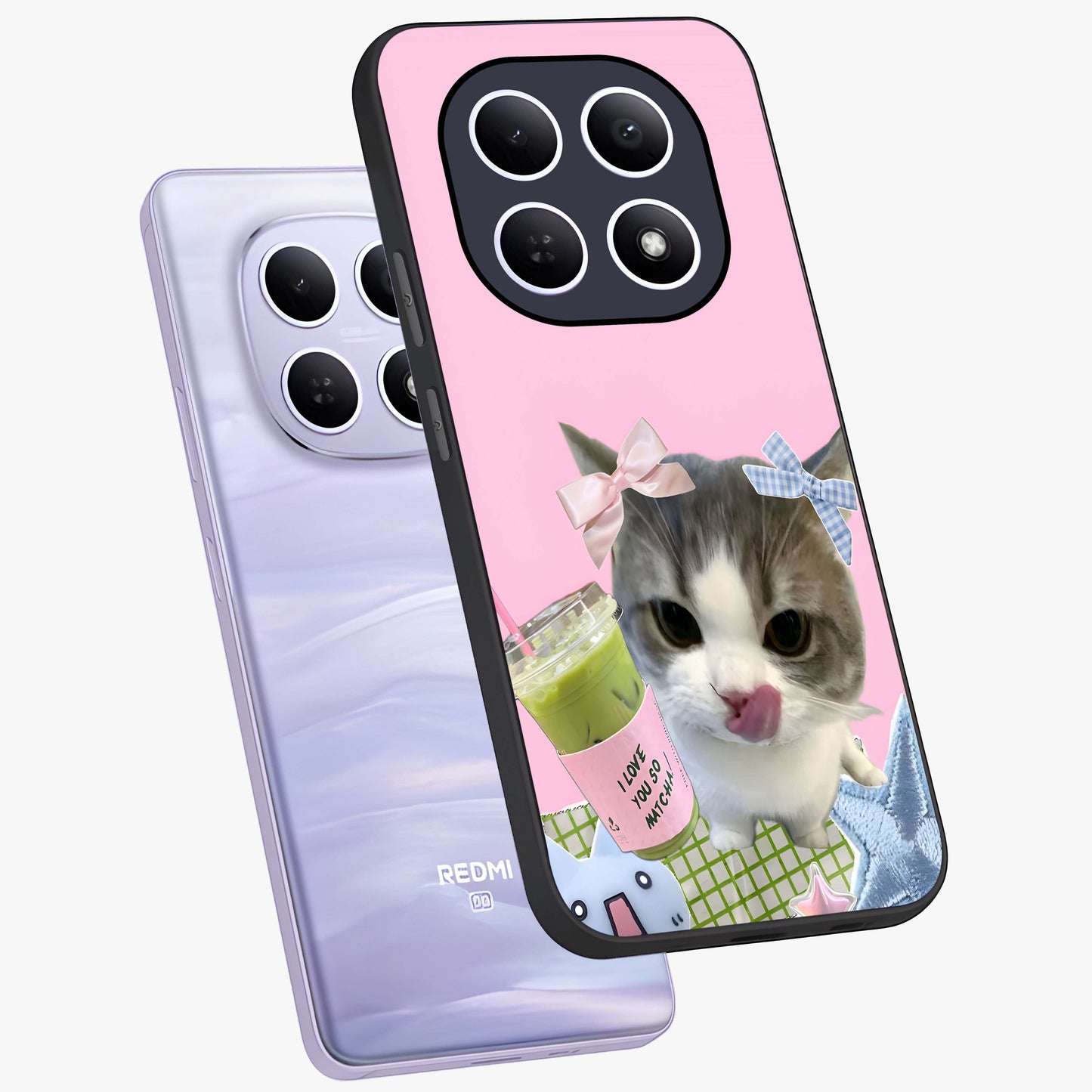 Love Matcha Cat Glass Case displayed in angled mockup highlighting playful feline illustration with cozy matcha aesthetic.