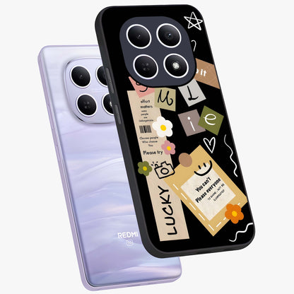 Lucky Aesthetic Collage Glass Case displayed in angled mockup highlighting stylish collage pattern with modern aesthetic vibe.