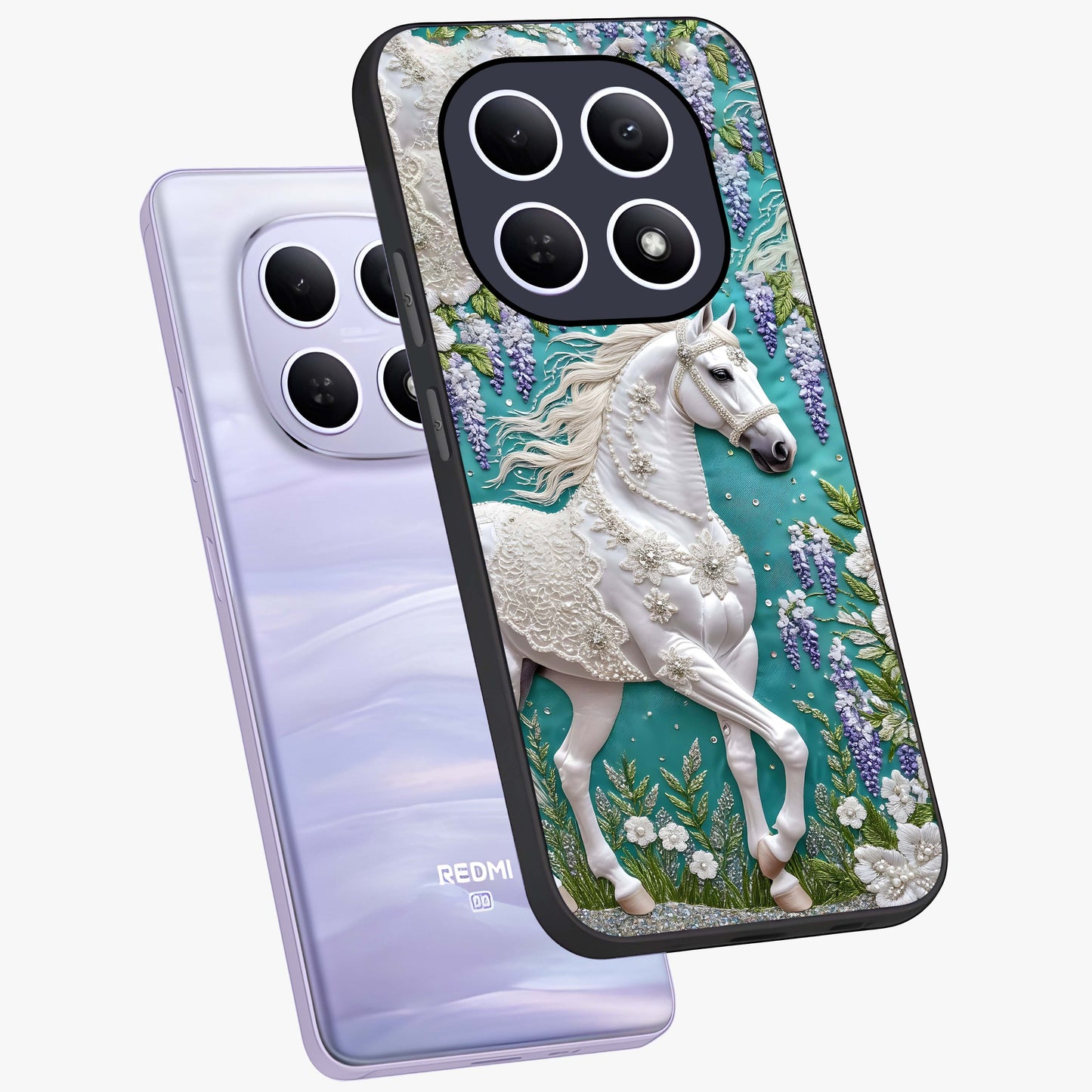 Majestic Floral Stallion Glass Case displayed in angled mockup highlighting majestic stallion illustration with elegant floral aesthetic.