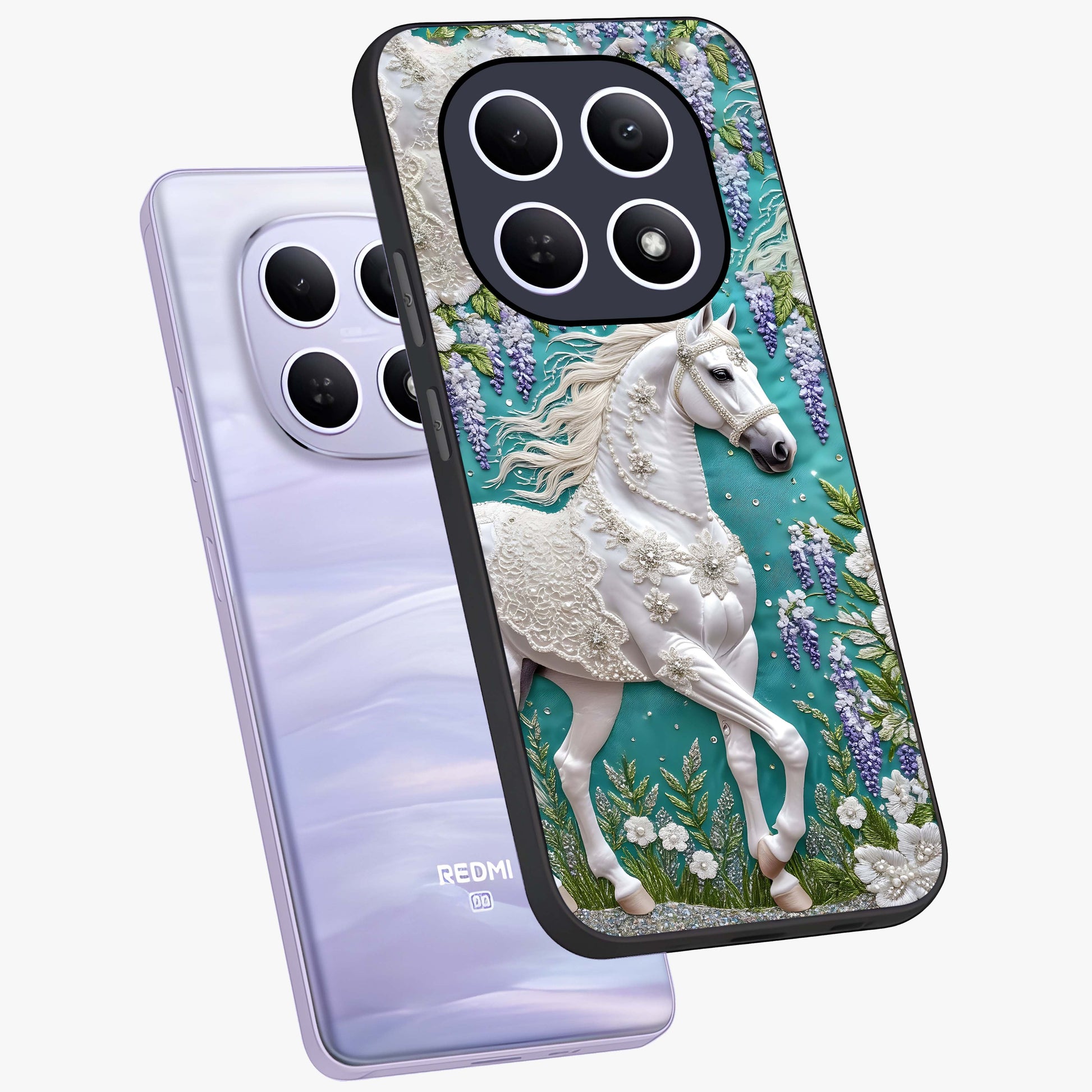 Majestic Floral Stallion Glass Case displayed in angled mockup highlighting majestic stallion illustration with elegant floral aesthetic.