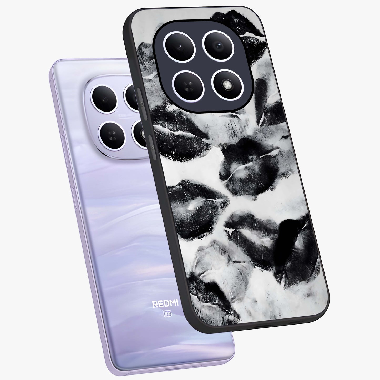 Midnight Kiss Marks Glass Case displayed in angled mockup highlighting playful romantic design with bold midnight aesthetic.