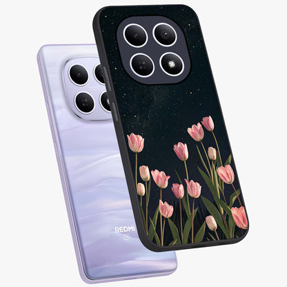 Midnight Tulip Whispers Vibe Glass Case displayed in angled mockup highlighting delicate tulip design with midnight floral aesthetic.