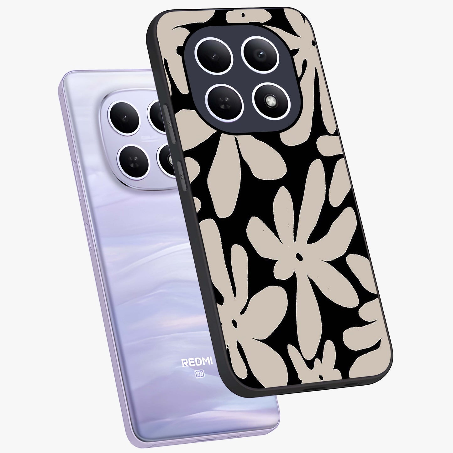 Monochrome Petal Dance Glass Case displayed in angled mockup highlighting elegant petal design with black and white aesthetic.