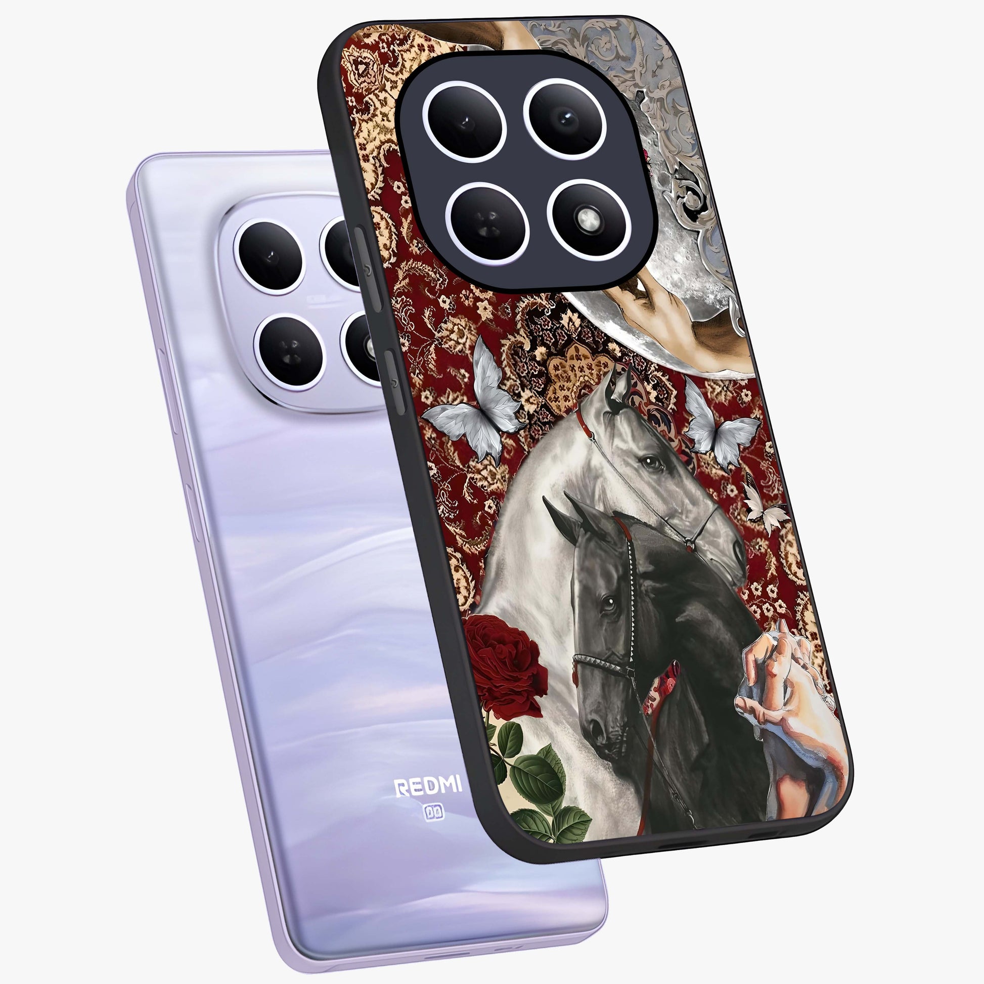 Moonlit Royal Stallion Glass Case displayed in angled mockup highlighting powerful stallion illustration with royal night aesthetic.