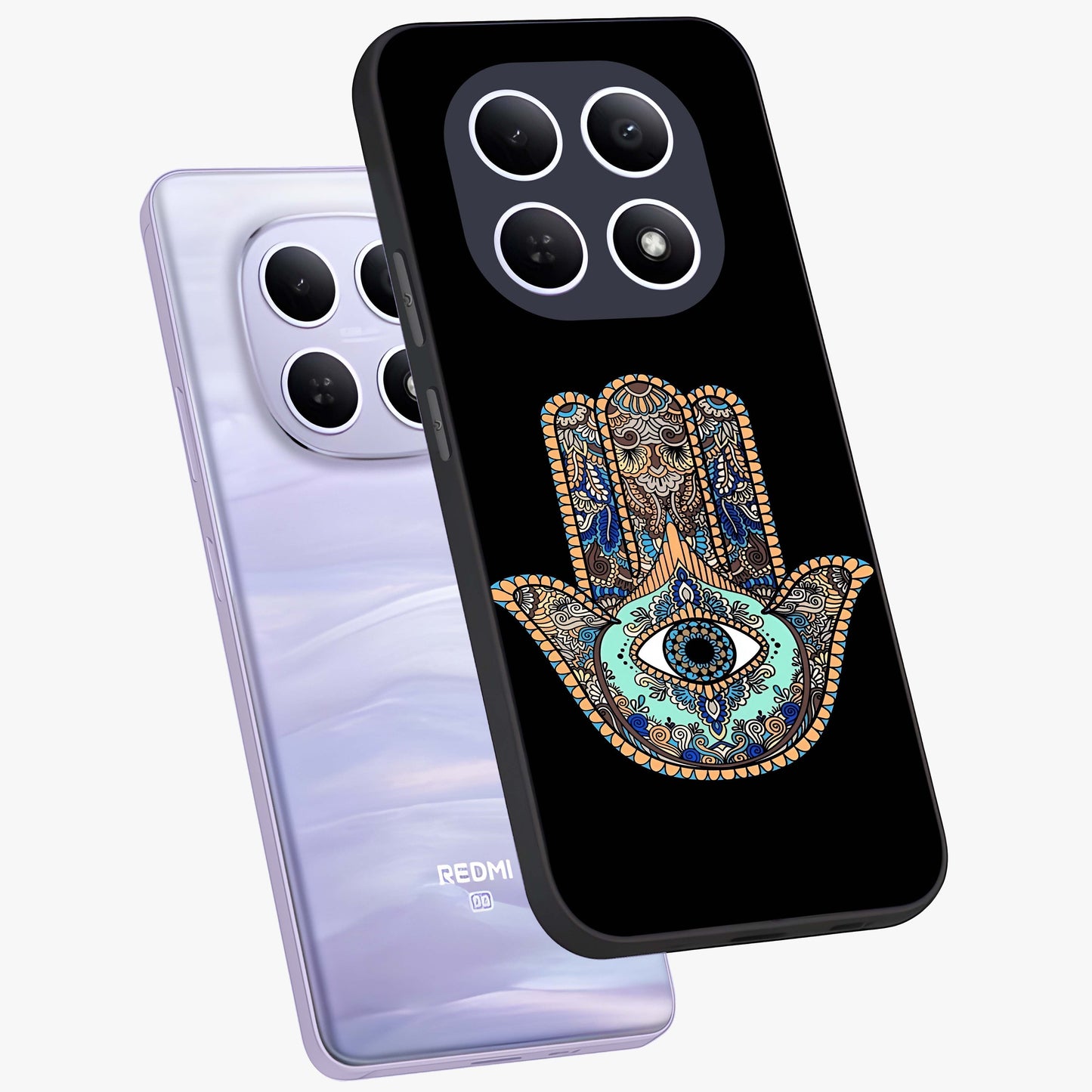 Mystic Hamsa Eye Glass Case displayed in angled mockup highlighting spiritual hamsa symbol with mystical aesthetic style.