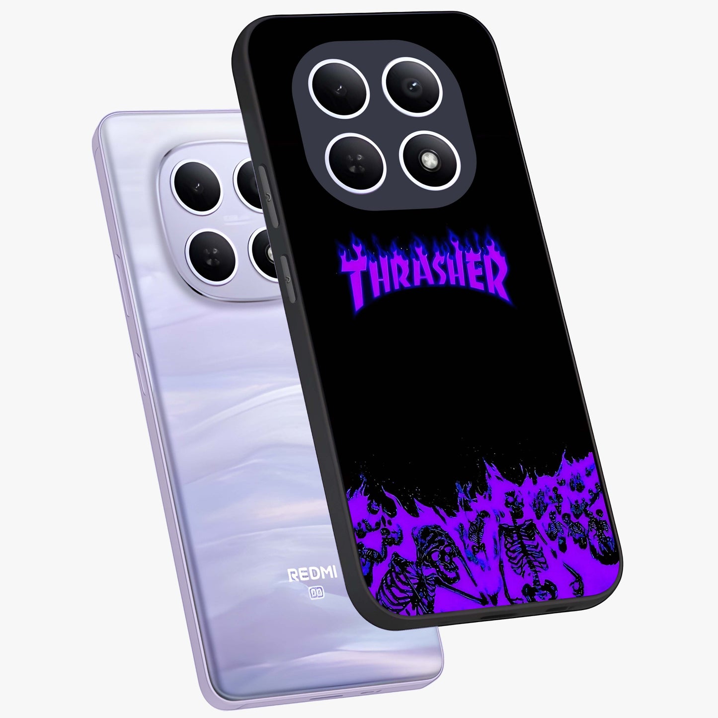 Neon Flame Riot Glass Case displayed in angled mockup highlighting glowing flame design with vibrant neon aesthetic.