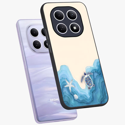 Ocean Drift Turtle Glass Case displayed in angled mockup highlighting peaceful ocean turtle illustration with marine aesthetic.
