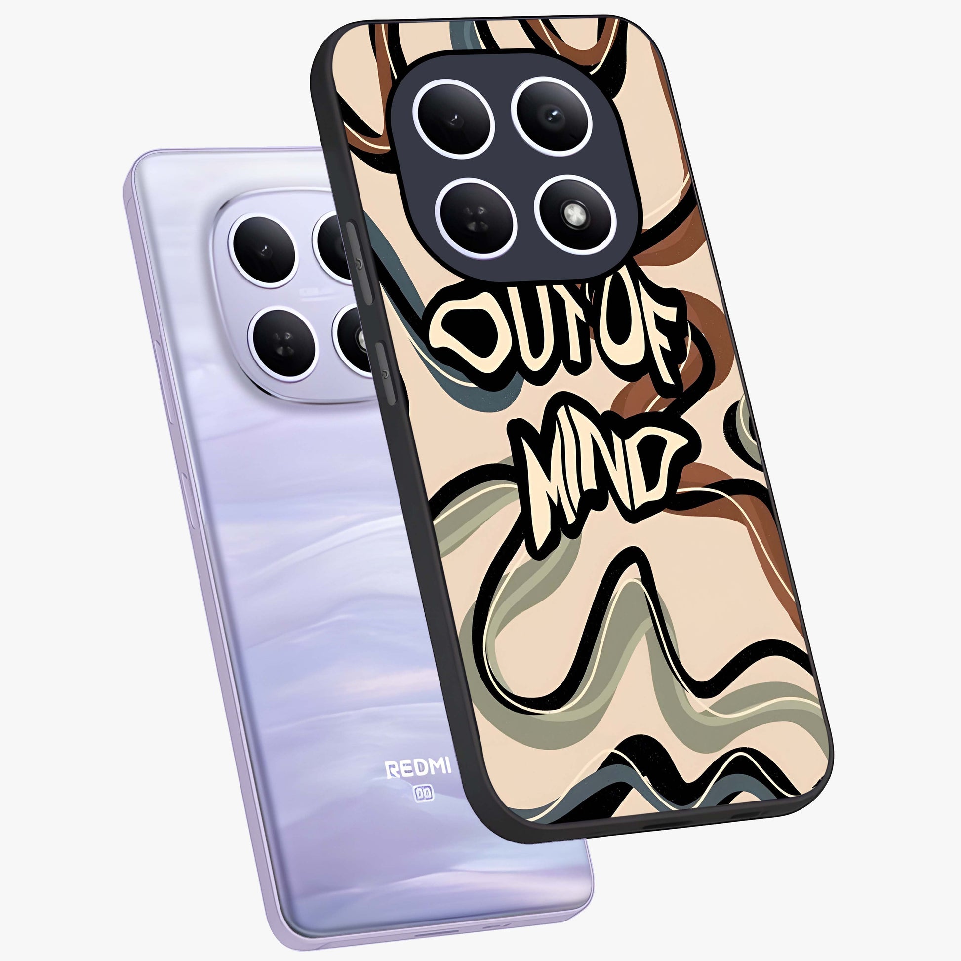 Out Of Mind Glass Case displayed in angled mockup highlighting bold statement design with modern artistic aesthetic.