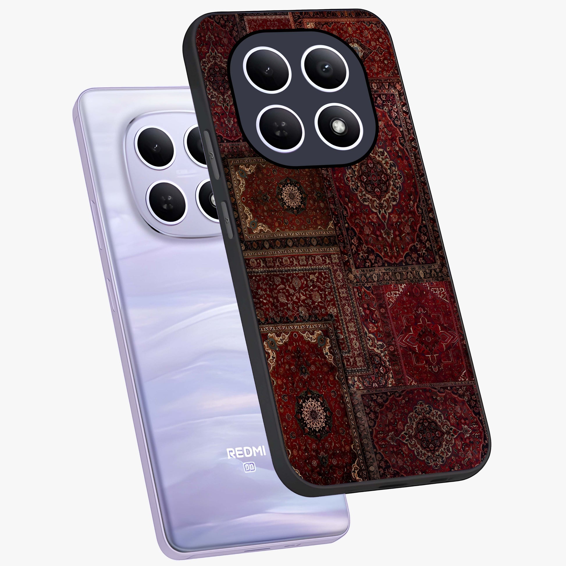 Persian Velvet Tale Glass Case displayed in angled mockup highlighting ornate textile inspired design with royal aesthetic.