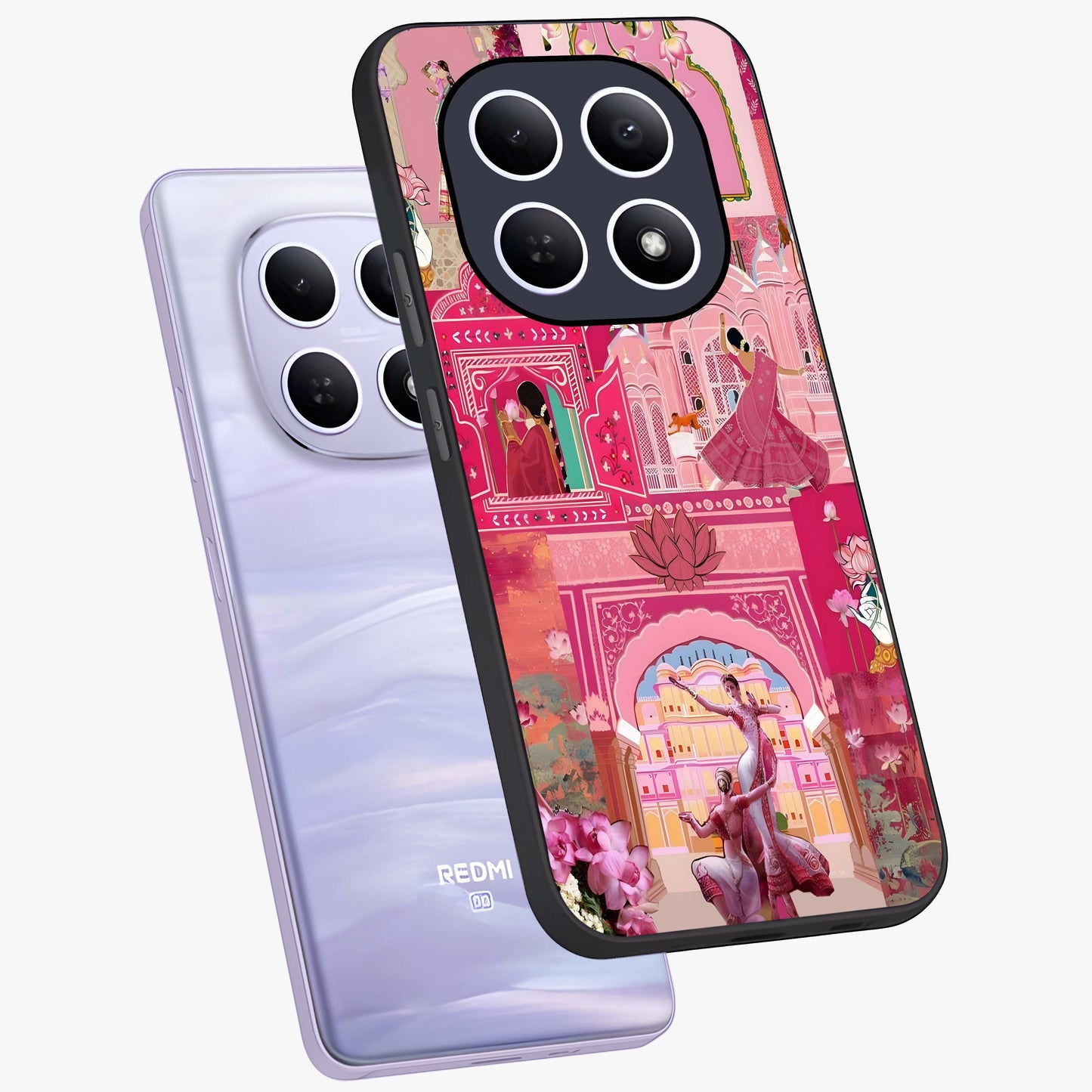 Pink Palace Muse Glass Case displayed in angled mockup highlighting dreamy palace illustration with soft pink aesthetic.