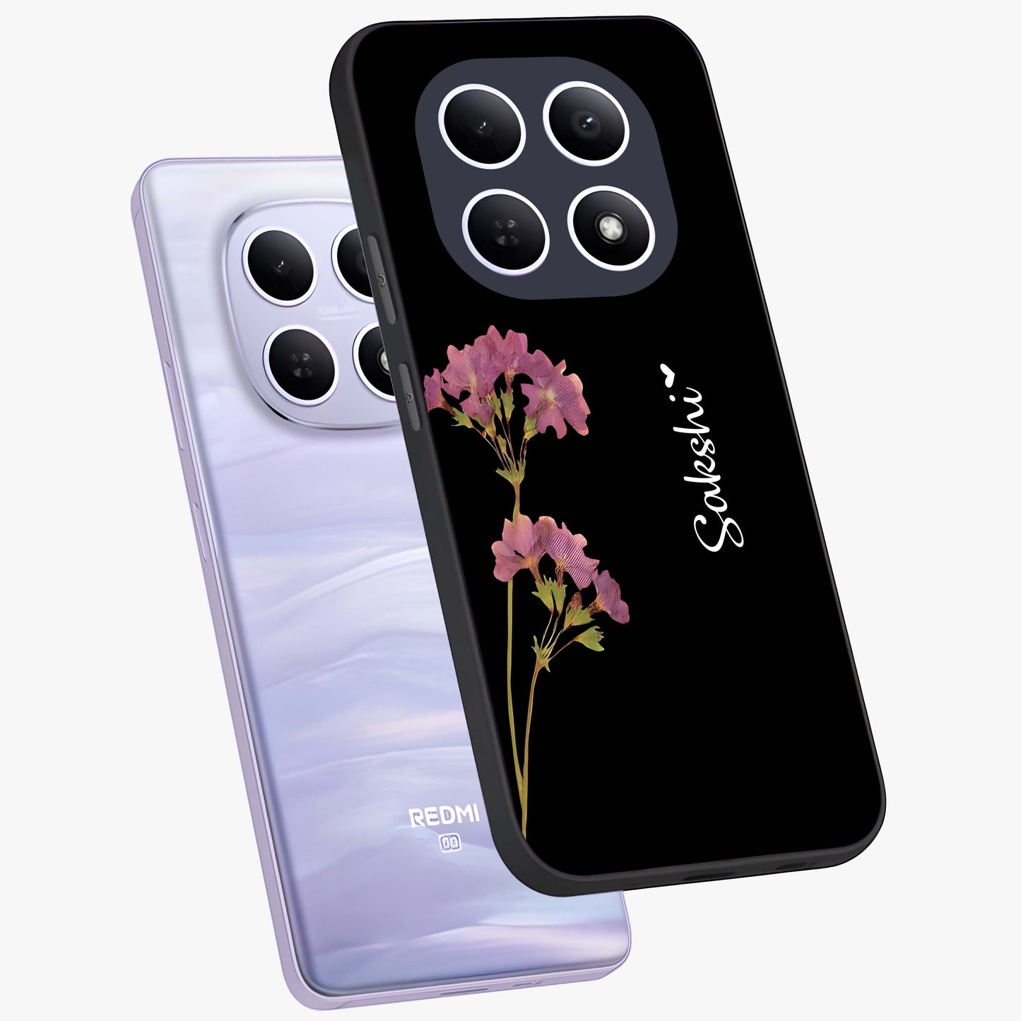 Riching Lavender Flower Custom Name Glass Case displayed in angled mockup highlighting delicate lavender flower design with custom name feature.