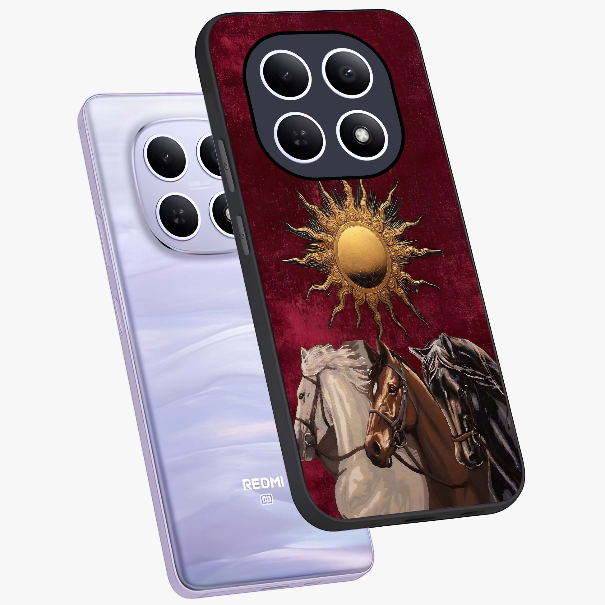 Solar Riders Glass Case displayed in angled mockup highlighting powerful rider illustration with radiant solar aesthetic.