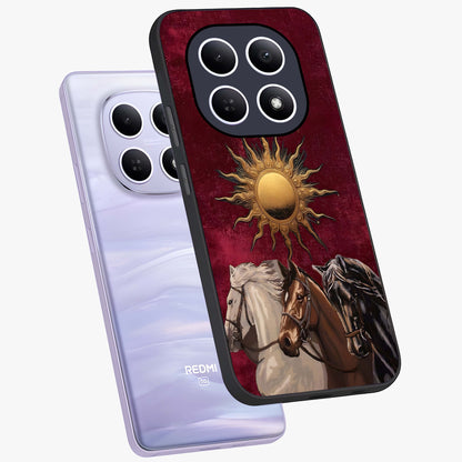Solar Riders Glass Case displayed in angled mockup highlighting powerful rider illustration with radiant solar aesthetic.