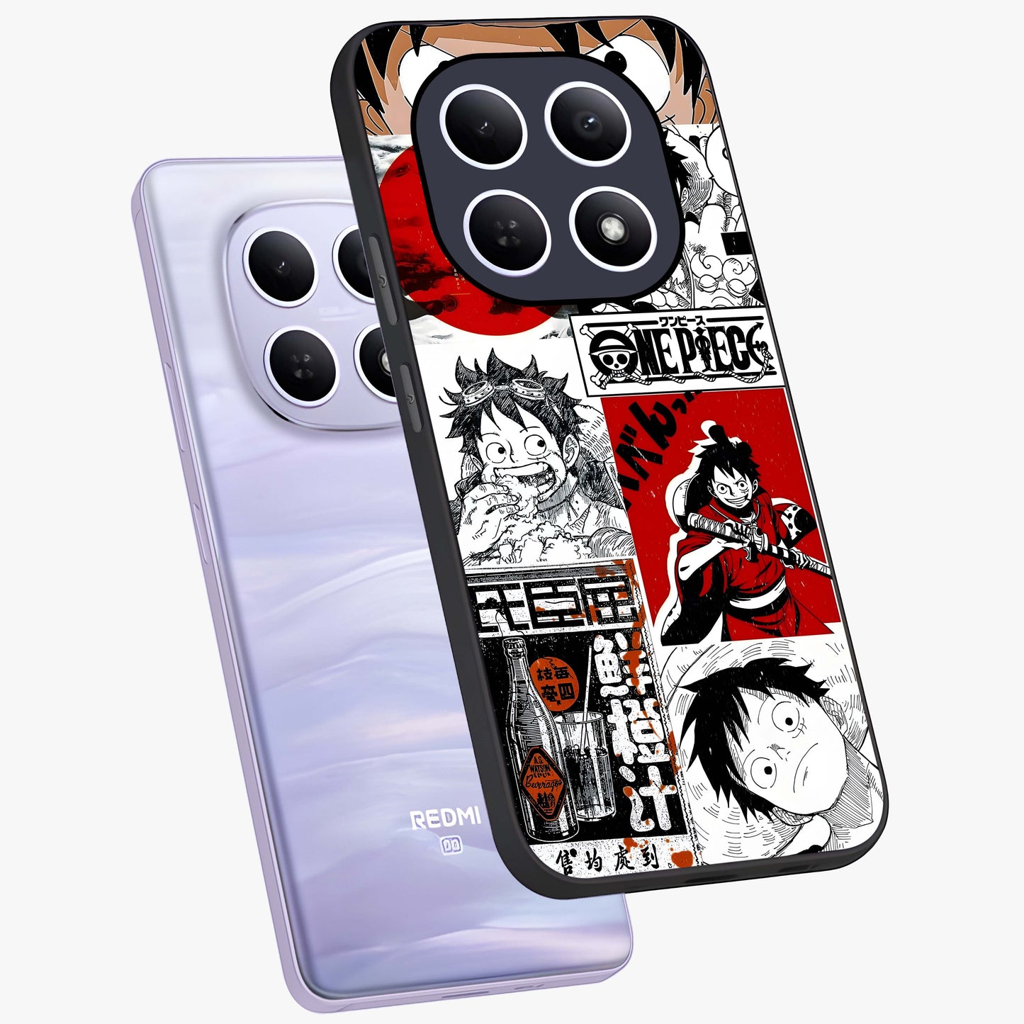 Strawhat Chaos Panels Glass Case displayed in angled mockup highlighting vibrant anime collage design with action aesthetic.