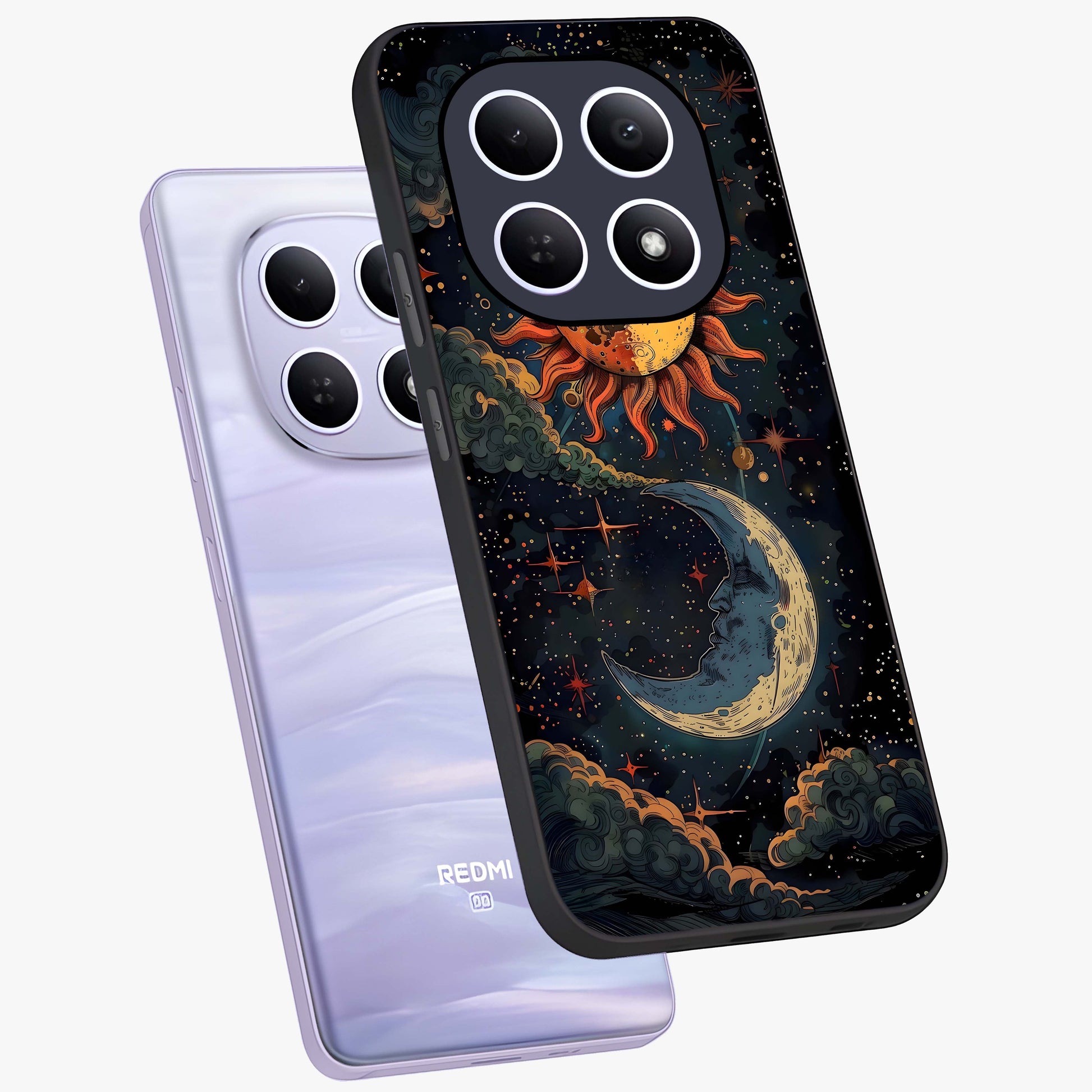 Sun And Moon Magic Design Glass Case displayed in angled mockup highlighting celestial design with magical cosmic aesthetic.