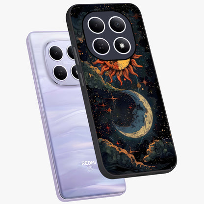 Sun And Moon Magic Design Glass Case displayed in angled mockup highlighting celestial design with magical cosmic aesthetic.