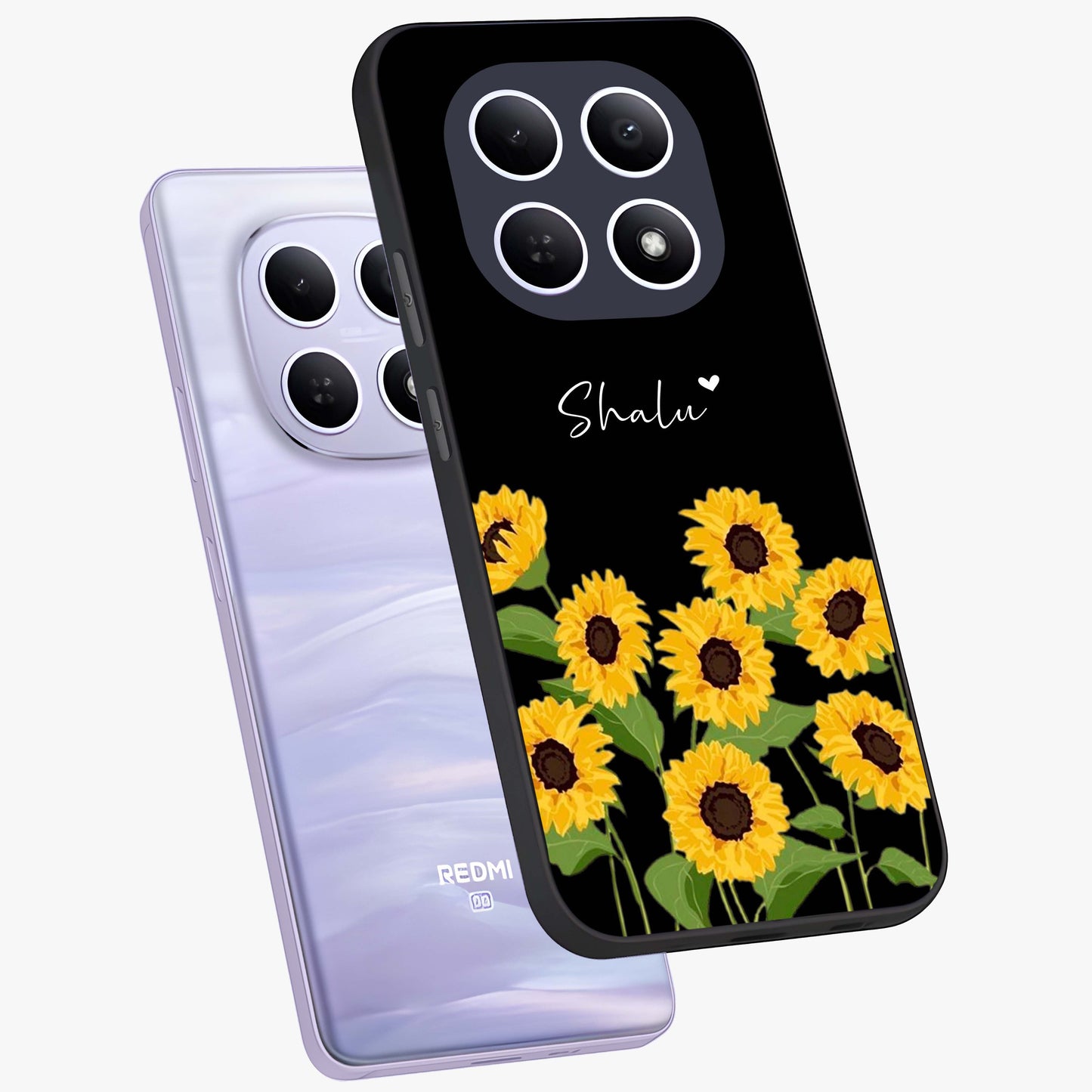 Sunflower Chic Mood Custom Name Glass Case displayed in angled mockup highlighting vibrant sunflower design with custom name feature.