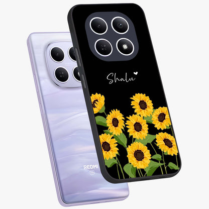 Sunflower Chic Mood Custom Name Glass Case displayed in angled mockup highlighting vibrant sunflower design with custom name feature.