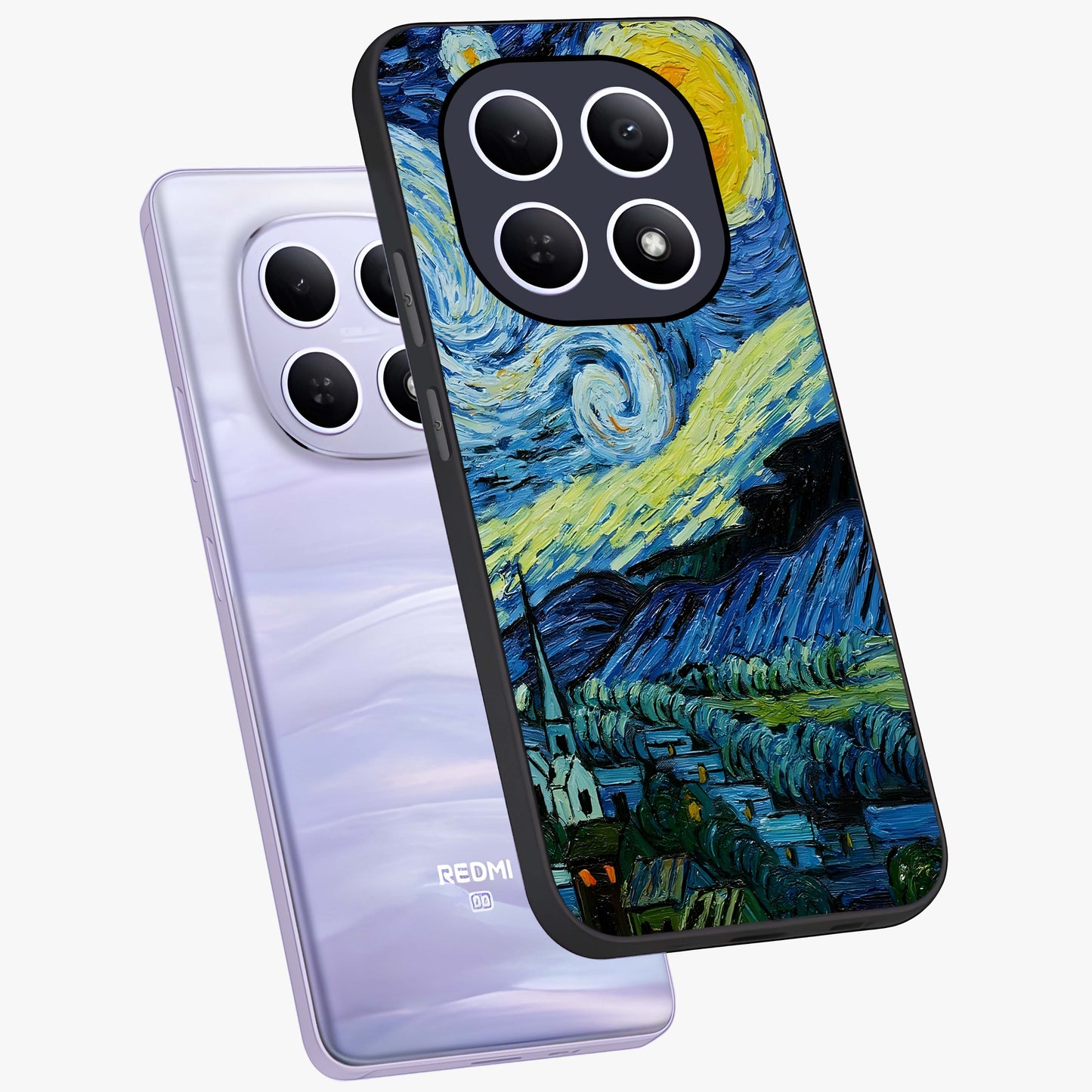 Van Gogh Art Glass Case displayed in angled mockup highlighting swirling brushstroke design with artistic aesthetic.