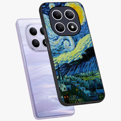 Van Gogh Art Glass Case displayed in angled mockup highlighting swirling brushstroke design with artistic aesthetic.