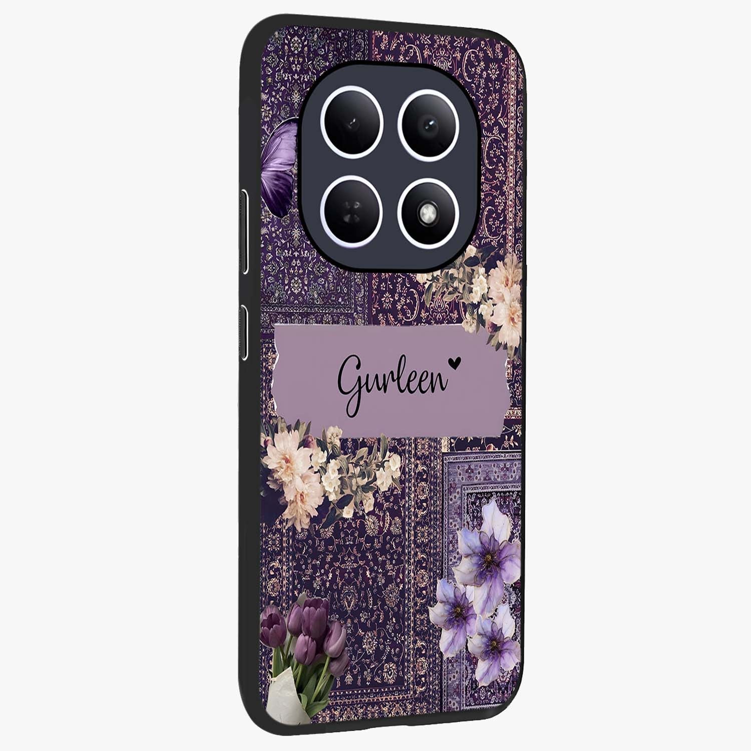 Antique Floral Whisper Custom Name Glass Case upright view showcasing delicate floral artwork with custom name feature.