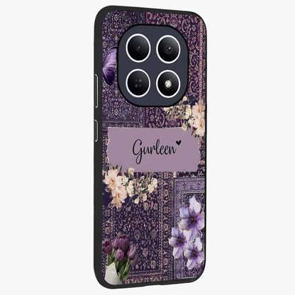 Antique Floral Whisper Custom Name Glass Case upright view showcasing delicate floral artwork with custom name feature.