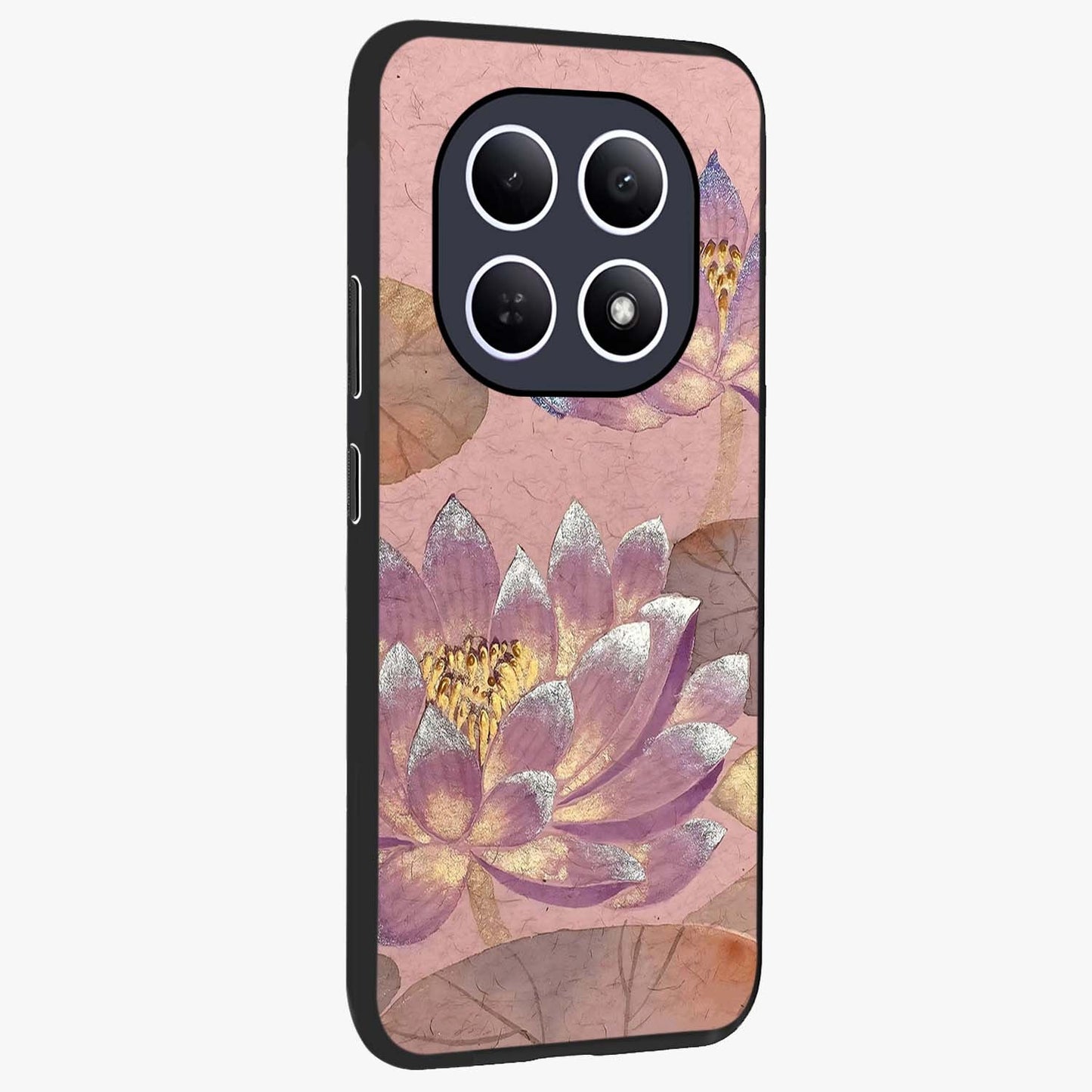 Blossom Mist Lotus Glass Case upright view showcasing graceful lotus flower design with peaceful botanical style.