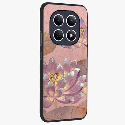 Blossom Mist Lotus Glass Case upright view showcasing graceful lotus flower design with peaceful botanical style.