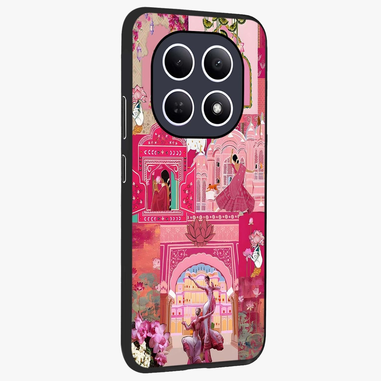 Blossoms of Rajasthan Glass Case upright view showcasing colorful floral design inspired by traditional Indian art.