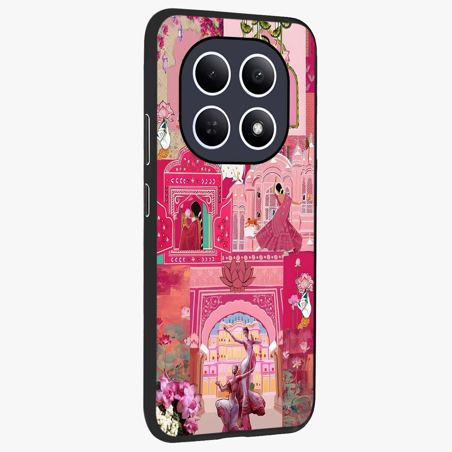Blossoms of Rajasthan Glass Case upright view showcasing colorful floral design inspired by traditional Indian art.