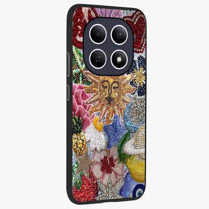Celestial Floral and Playful Glass Case upright view showcasing whimsical floral artwork with cosmic aesthetic theme.