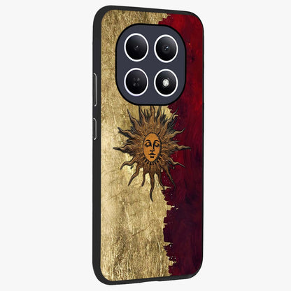 Crimson Sun Majesty Glass Case upright view showcasing vibrant sun artwork with powerful celestial theme.
